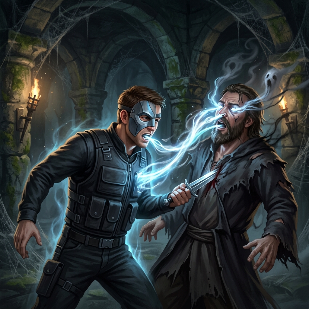 Heath confronting Jarred at Wilson's lair and seizing the magic.